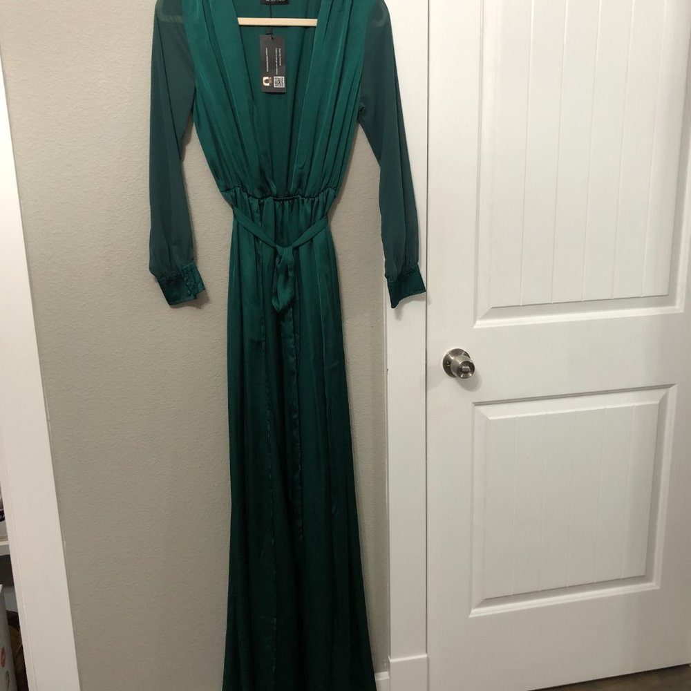 NWT Missord Sexy Deep V Long Sleeve High Slit Maxi Dress - Emerald Green